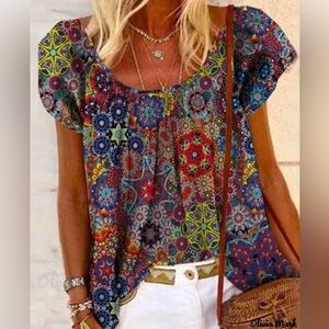 Round Crew Neck Painted Short Sleeve Top Blouse S Multi Color Shirt